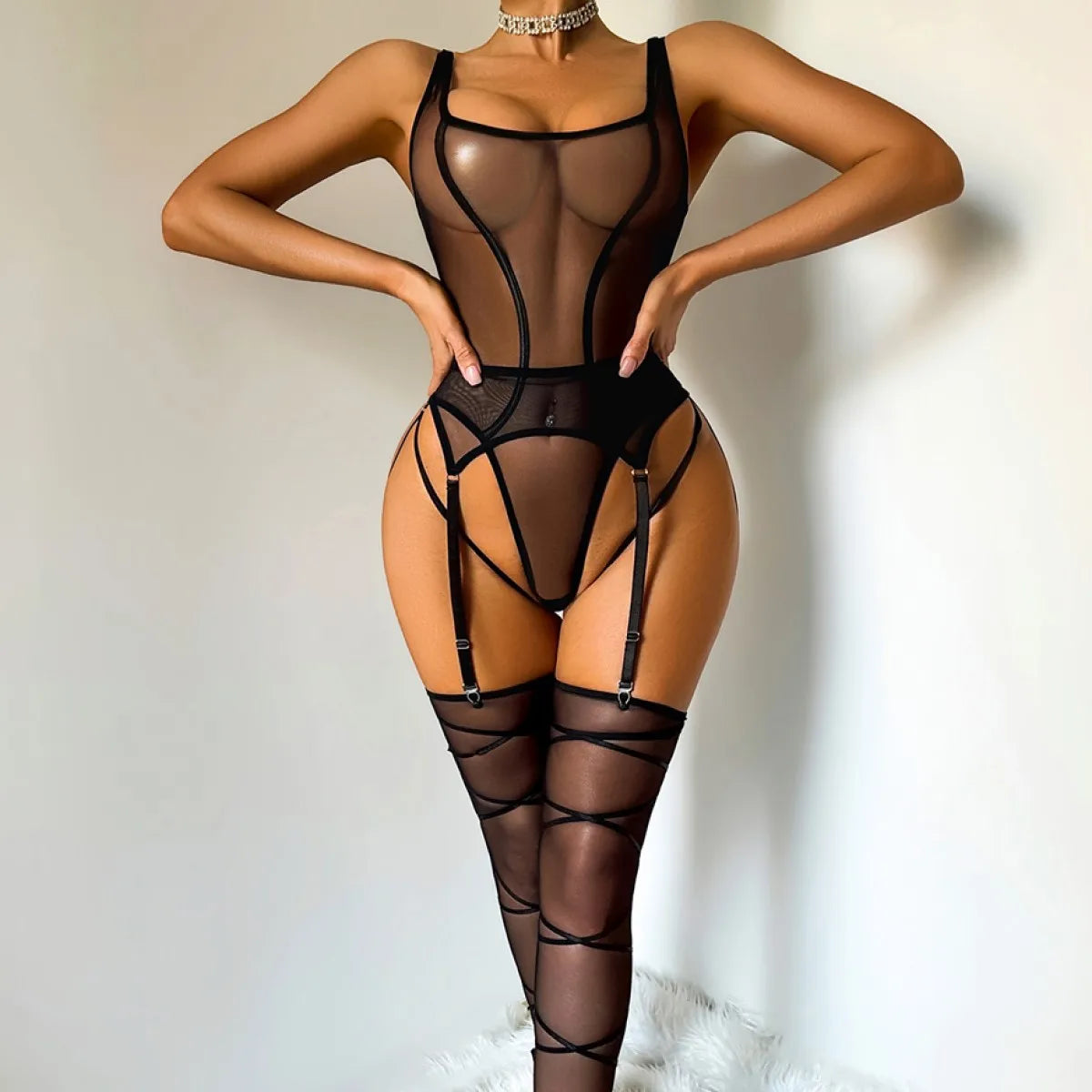 Ensemble lingerie 3 pièces bodysuit transparent chevron La Chevronne