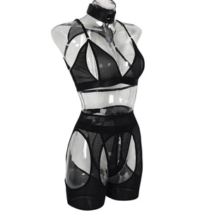 Ensemble lingerie 4 pièces noir string soutien-gorge à fentes porte-jarretelles et collier Matador - GUAPPAA