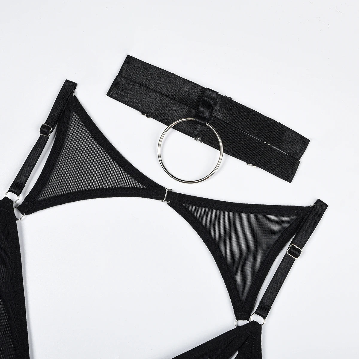 Ensemble lingerie 4 pièces noir string soutien-gorge à fentes porte-jarretelles et collier Matador - GUAPPAA