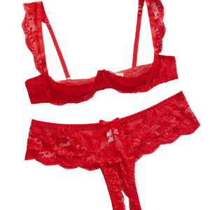 Ensemble lingerie rouge La Tentation Florale deux pièces à broderie florale, vue principale