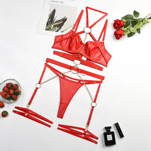 Ensemble lingerie sexy faux cuir à chaines et porte-jarretelles 3 pièces Saturne – 47369419653463|47369419686231|47369419718999