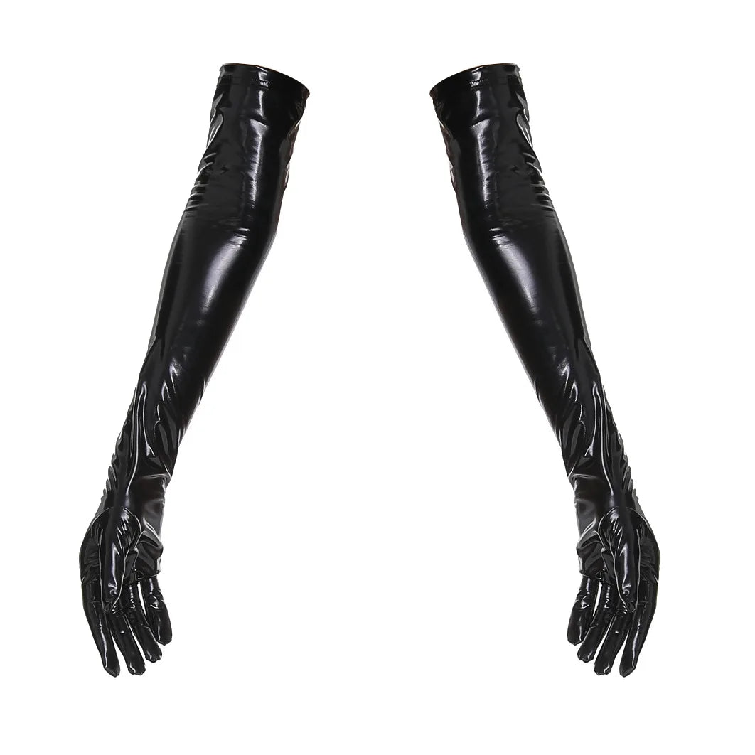 Ensemble PVC noir brillant cuissardes combishort et gants longs L'Audacieuse