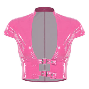La Féline – Haut court vinyle brillant femme clubwear Rose - Latex - image 11