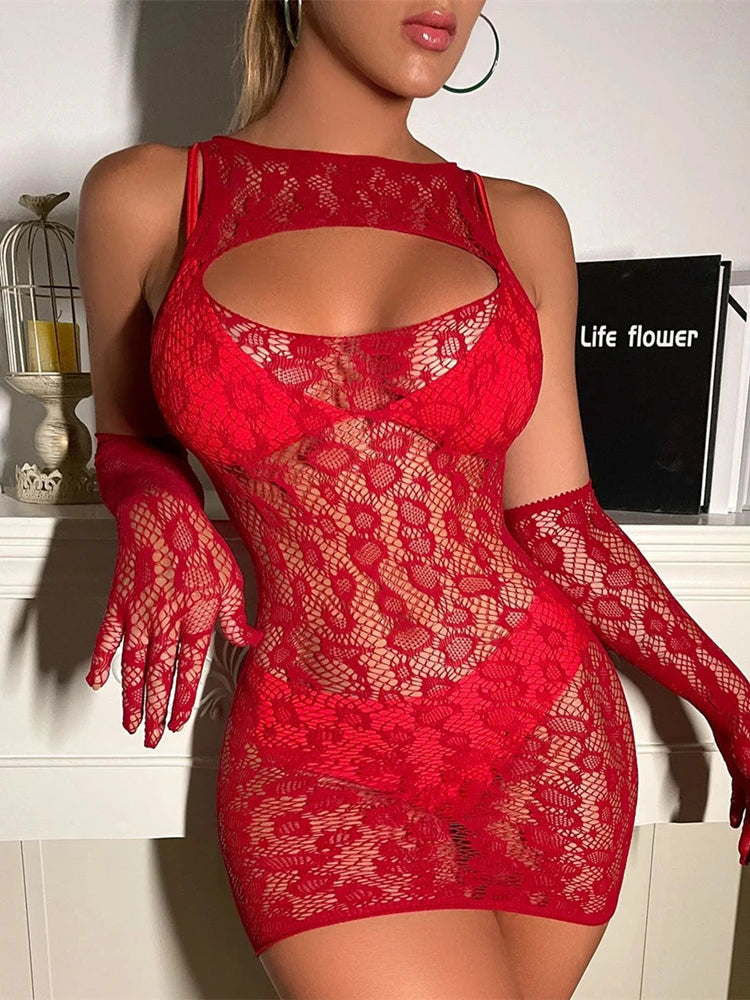 Robe courte en maille ajourée transparente moulante La Nocturne