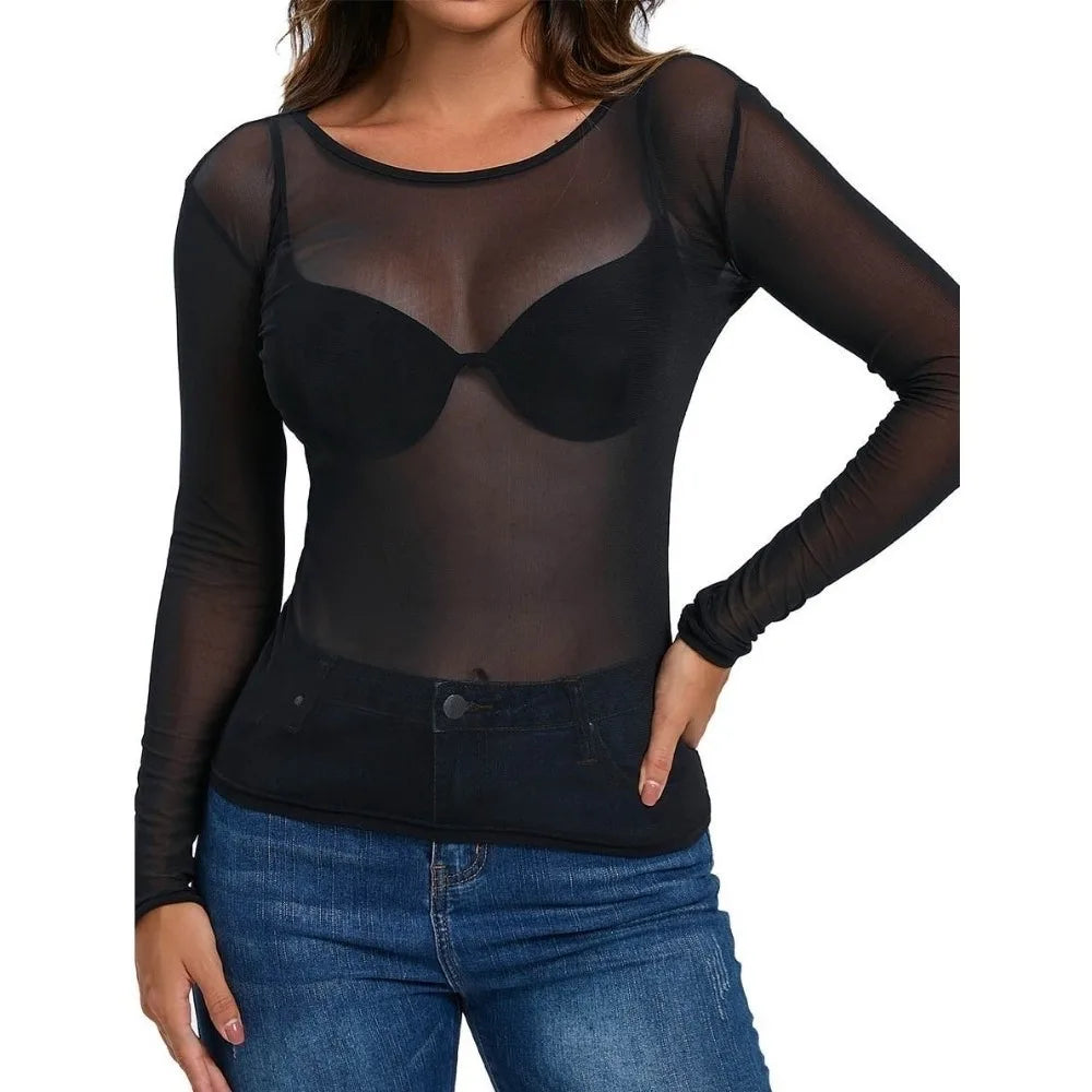Haut Brume Noire GUAPPAA en maille transparente et manches longues.