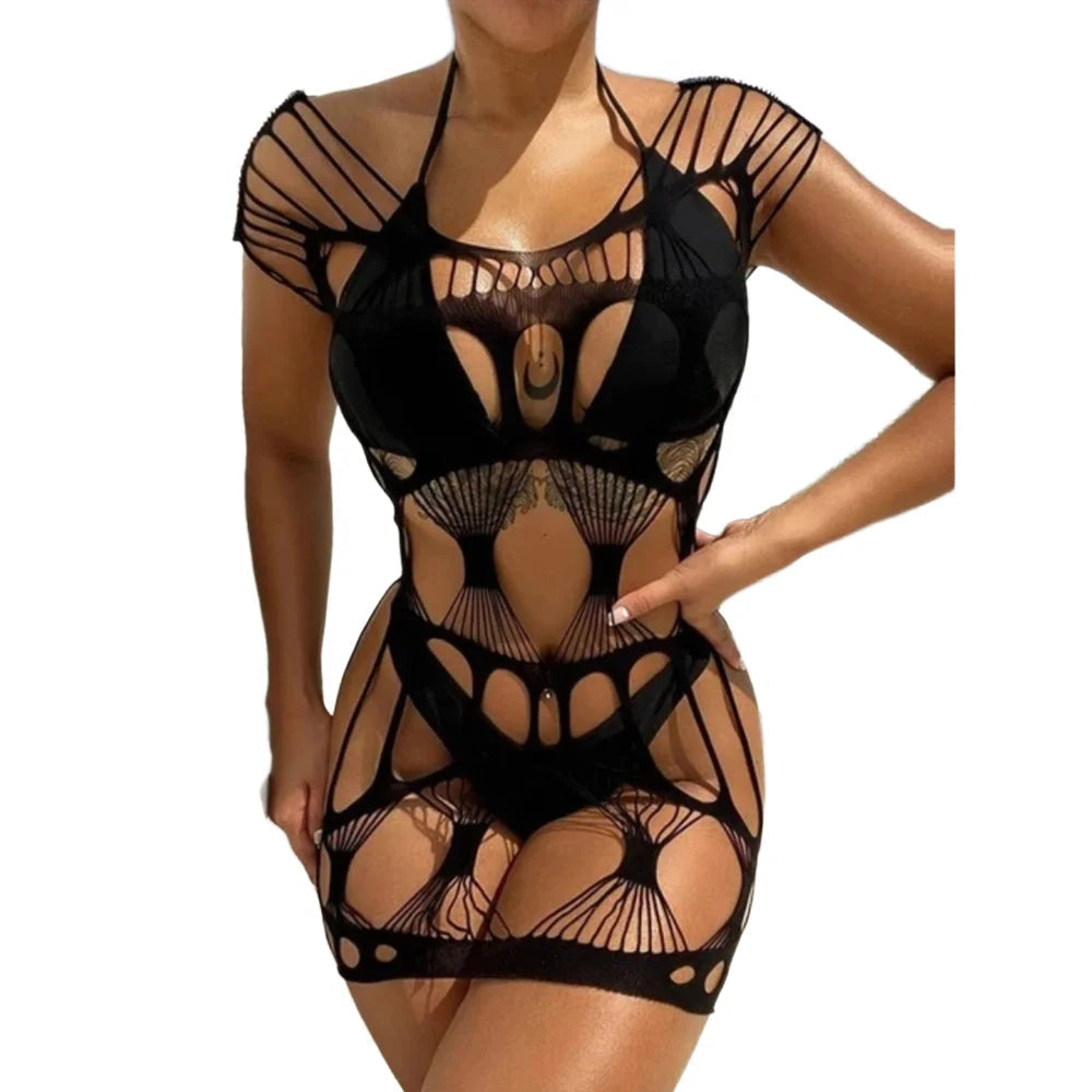 La Mosaïque Noire, mini-robe résille à motifs Nuit Rouge – visuel 1