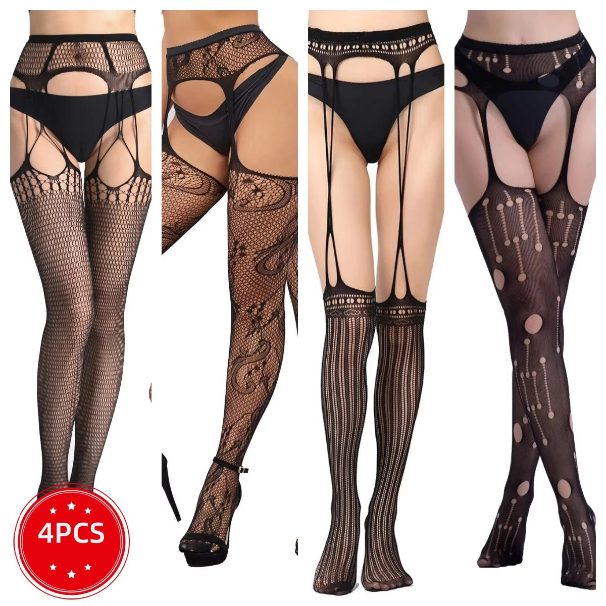 Les Jambes Noires, bas résille et porte-jarretelles Nuit Rouge – visuel 4