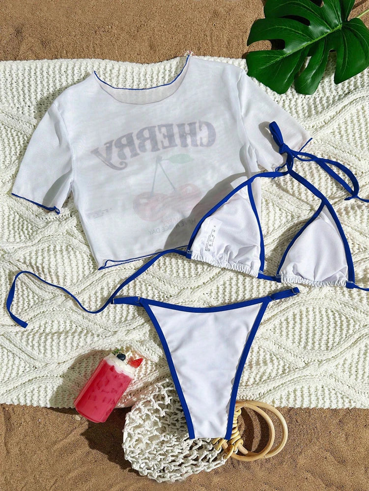 Maillot trois pièces Cala à motif cerises et haut triangle, silhouette fraîche pour la plage, Guappaa