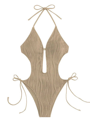Maillot de bain une pièce découpé La Ligne Solaire beige à plat
