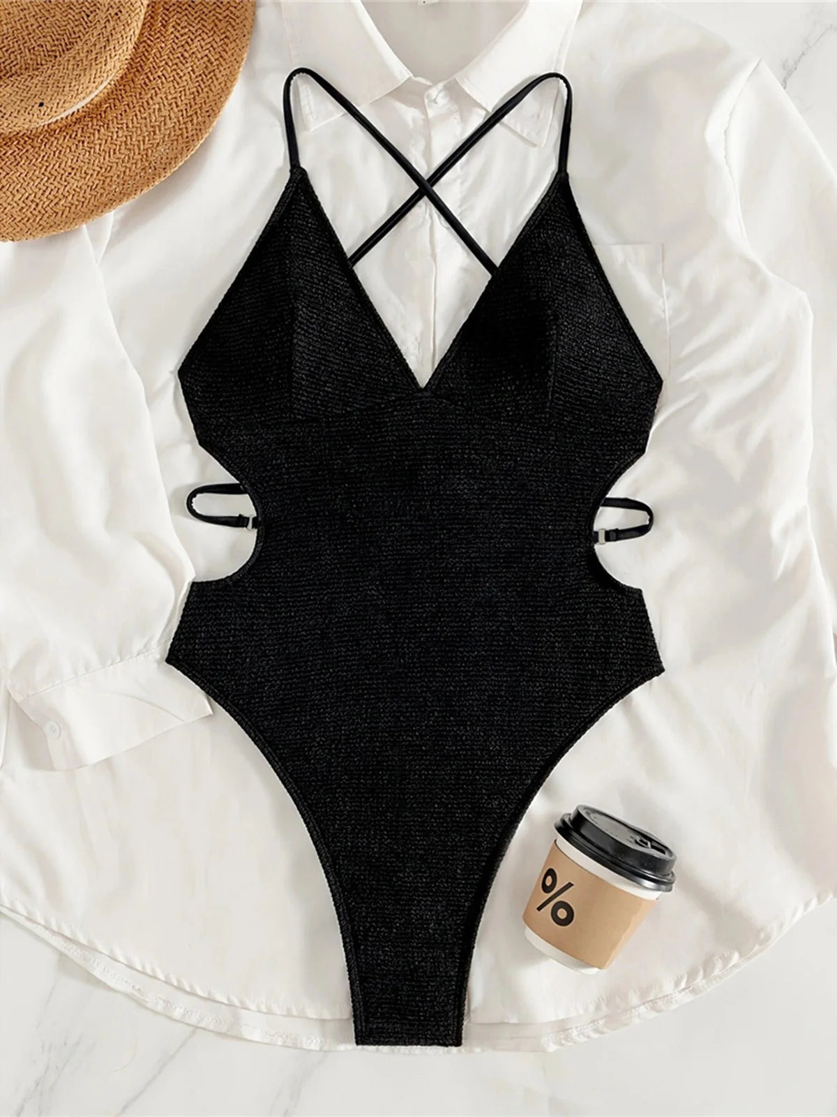 Silhouette du maillot de bain côtelé noir Sa Calobra une pièce Guappaa