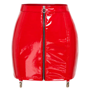 Vue arrière de la mini jupe brillante La Zippée pour femme avec coupe courte ajustée