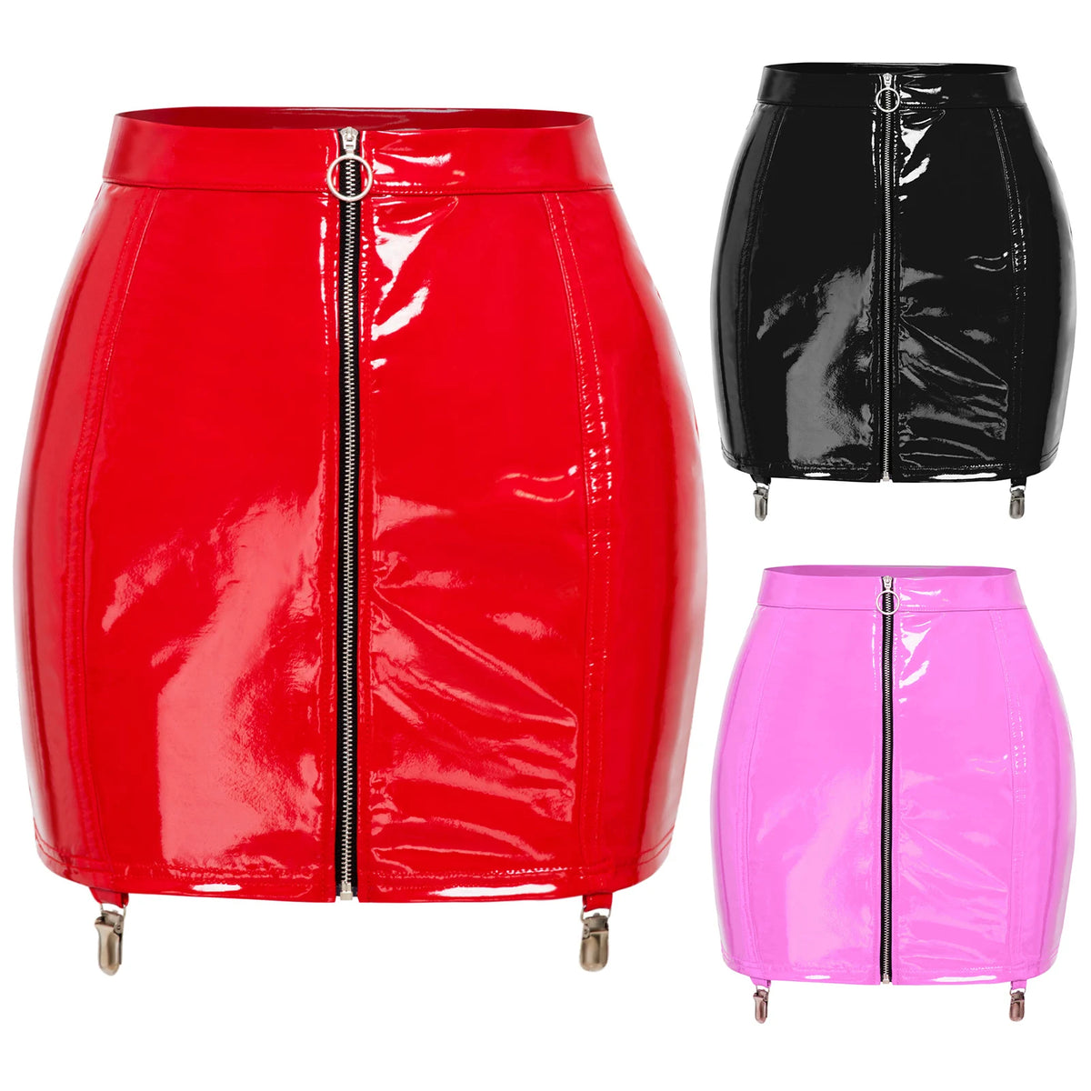 Mini jupe La Zippée rouge avec finition brillante et zip frontal dans le prêt-à-porter Guappaa