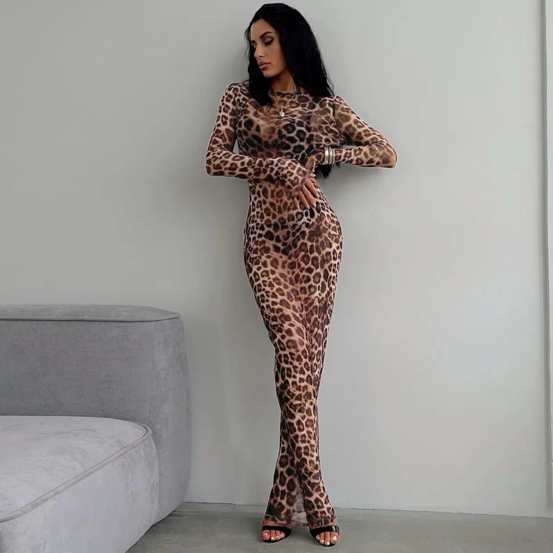 Robe sexy longue spaghetti léopard transparente manches longues Faune - GUAPPAA