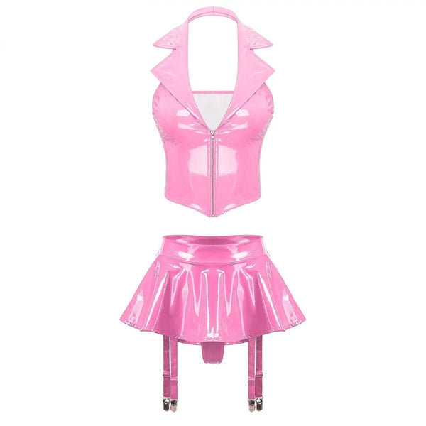 Ensemble latex femme deux pièces haut et jupe porte-jarretelles La claque