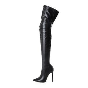 Cuissardes noires sexy simili cuir talon aiguille grande taille 34-47 - Vue bottes hautes 
