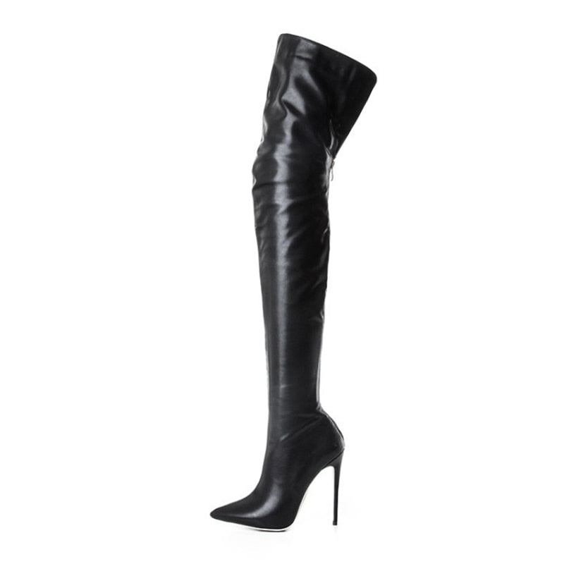 Cuissardes noires sexy simili cuir talon aiguille grande taille 34-47 - Vue bottes hautes 
