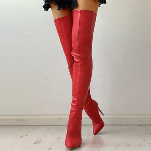 Cuissardes rouges femme 34-47 - Bottes hautes sexy avec tirette latérale
