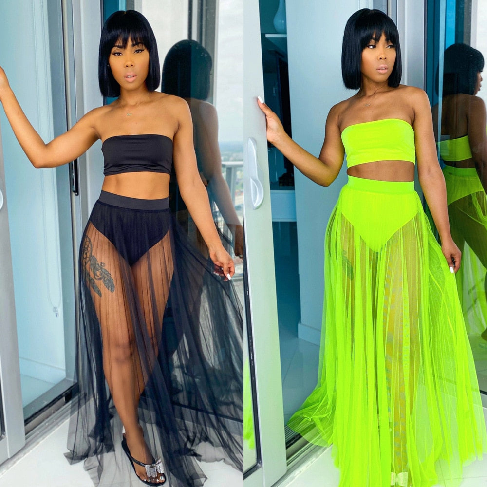 Ensemble de plage bandeau et jupe longue transparente tulle Teza - GUAPPAA