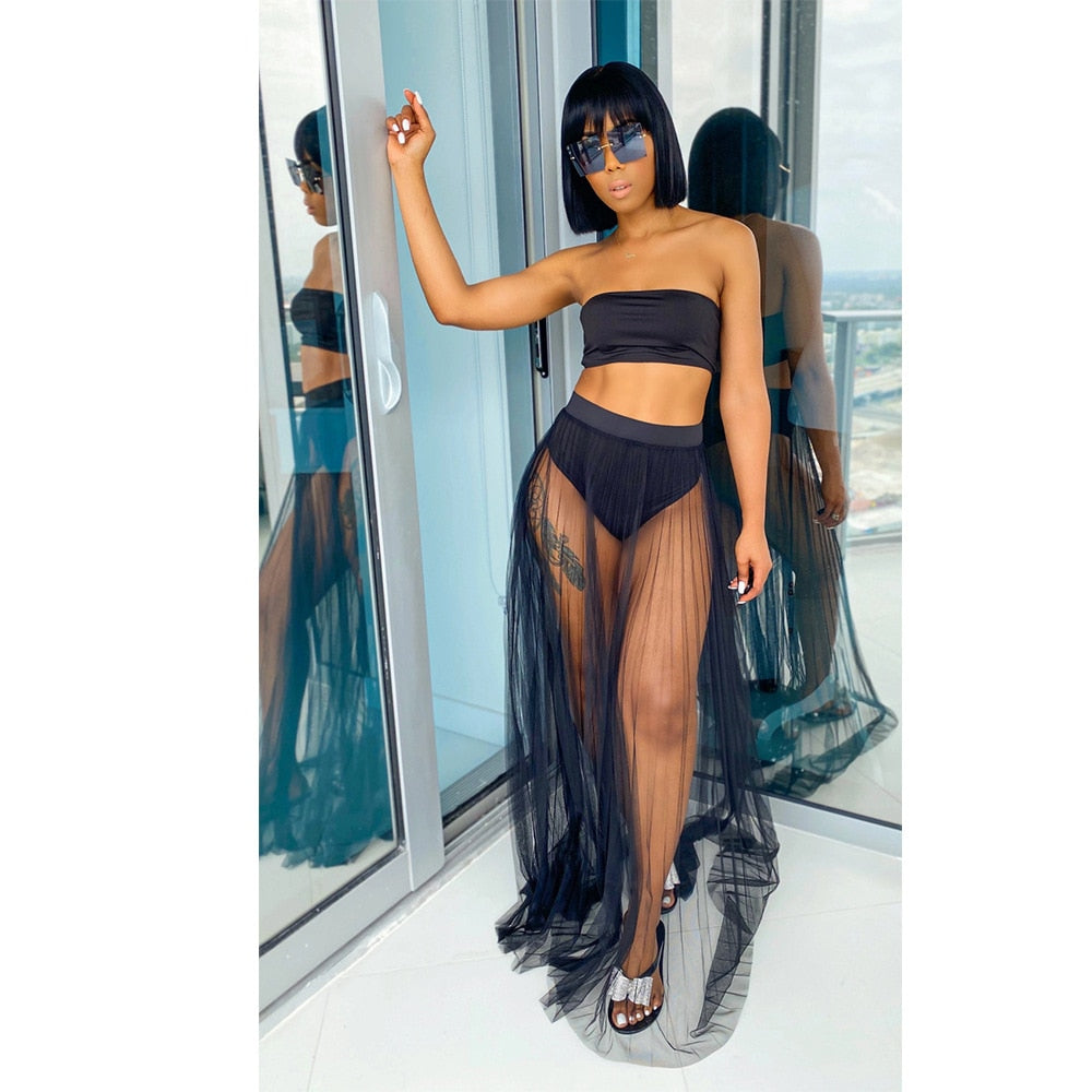 Ensemble de plage bandeau et jupe longue transparente tulle Teza - GUAPPAA