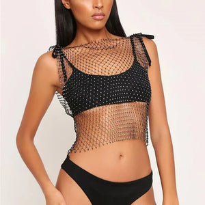 Crop Top résille diamant à strass transparent Lama - GUAPPAA