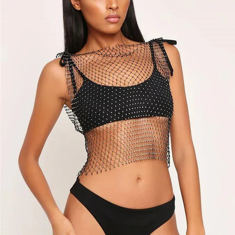 Crop Top résille diamant à strass transparent Lama - GUAPPAA