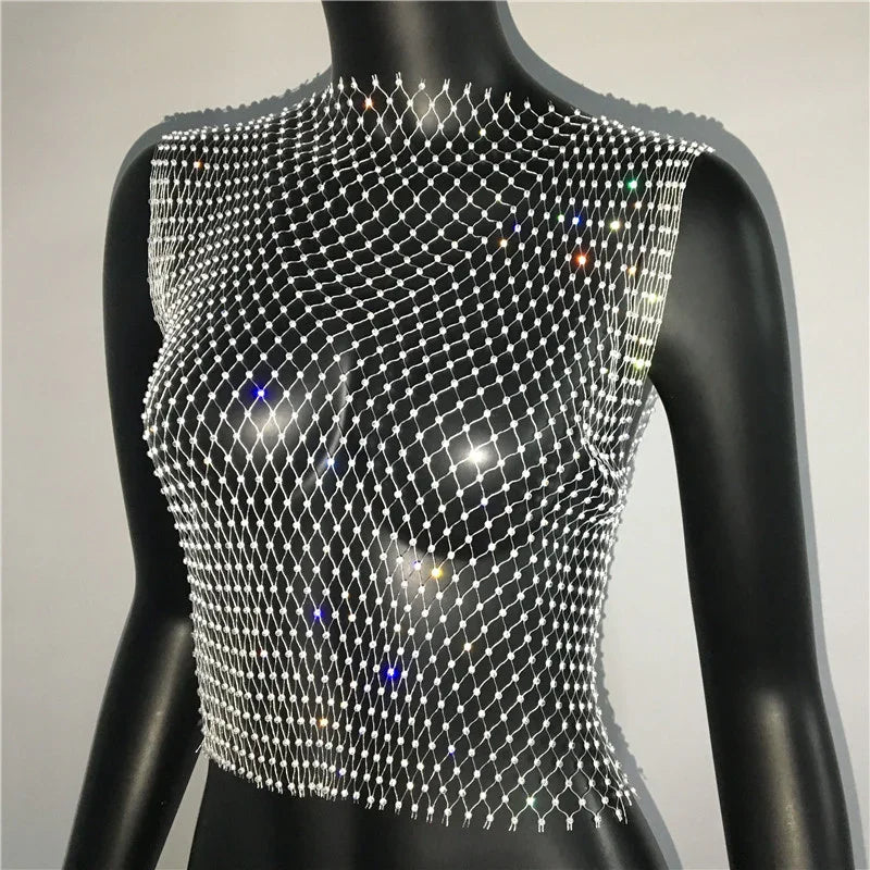 Crop Top résille diamant à strass transparent Lama - GUAPPAA