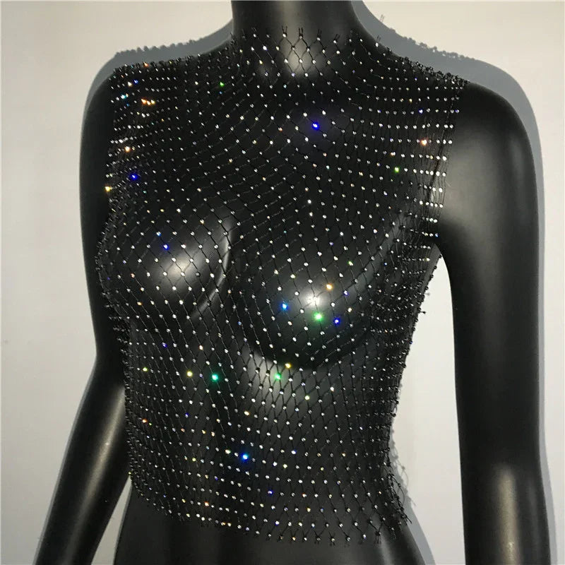Crop Top résille diamant à strass transparent Lama - GUAPPAA