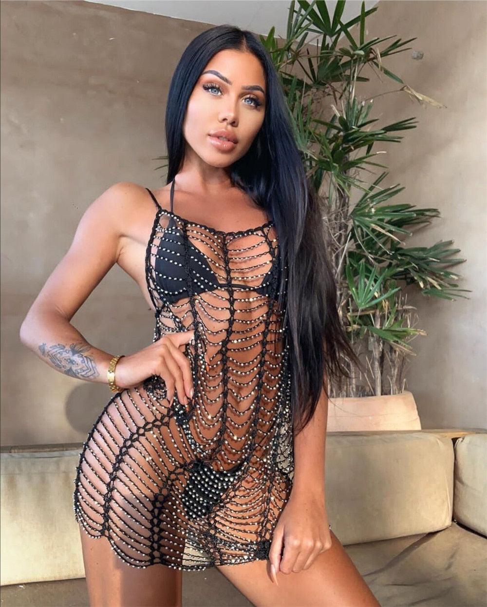 Micro robe résille à strass filet de pêche transparente sexy Loma - GUAPPAA