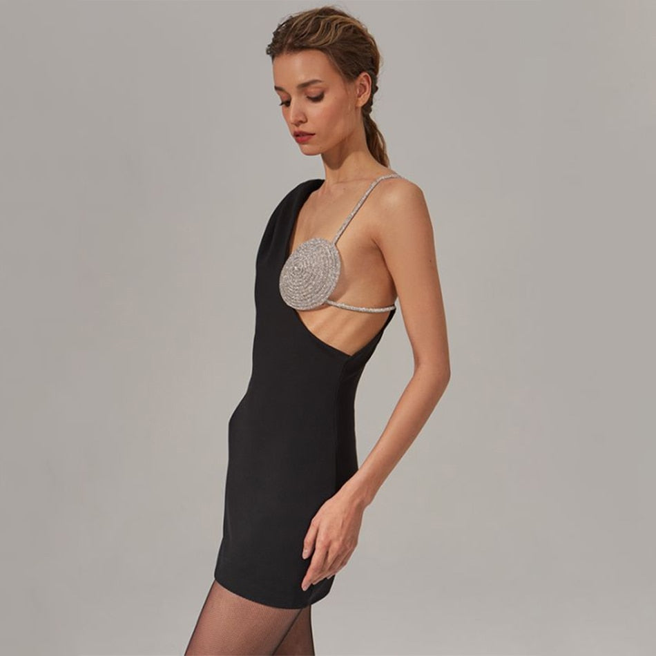 Robe cocktail asymétrique à strass une manche Coco - GUAPPAA