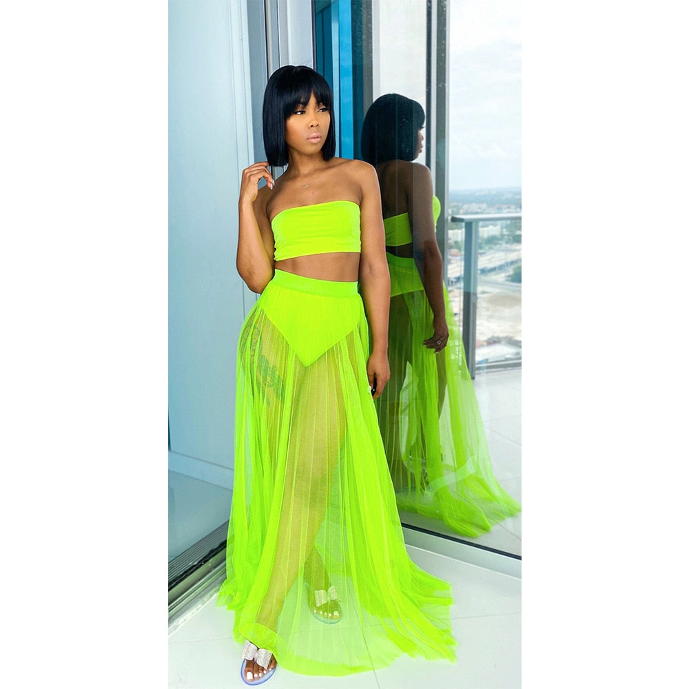 Ensemble de plage bandeau et jupe longue transparente tulle Teza - GUAPPAA