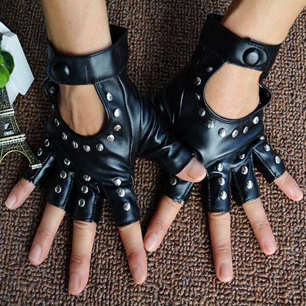 Gants sans doigts à rivets en simili femme punk rock Kiss