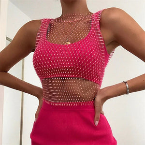 Crop Top résille diamant à strass transparent Lama - GUAPPAA