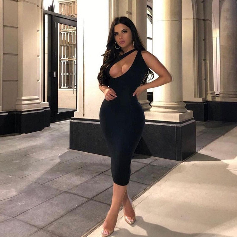 Robe une épaule moulante mi longue décolleté asymétrique Laora - GUAPPAA