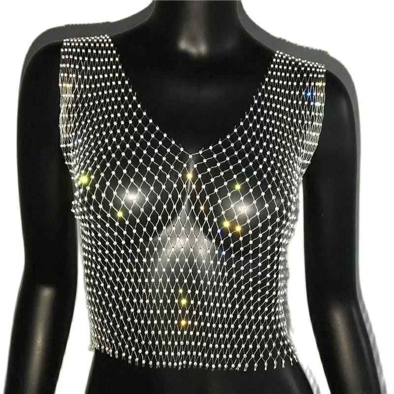 Crop Top résille diamant à strass transparent Lama - GUAPPAA