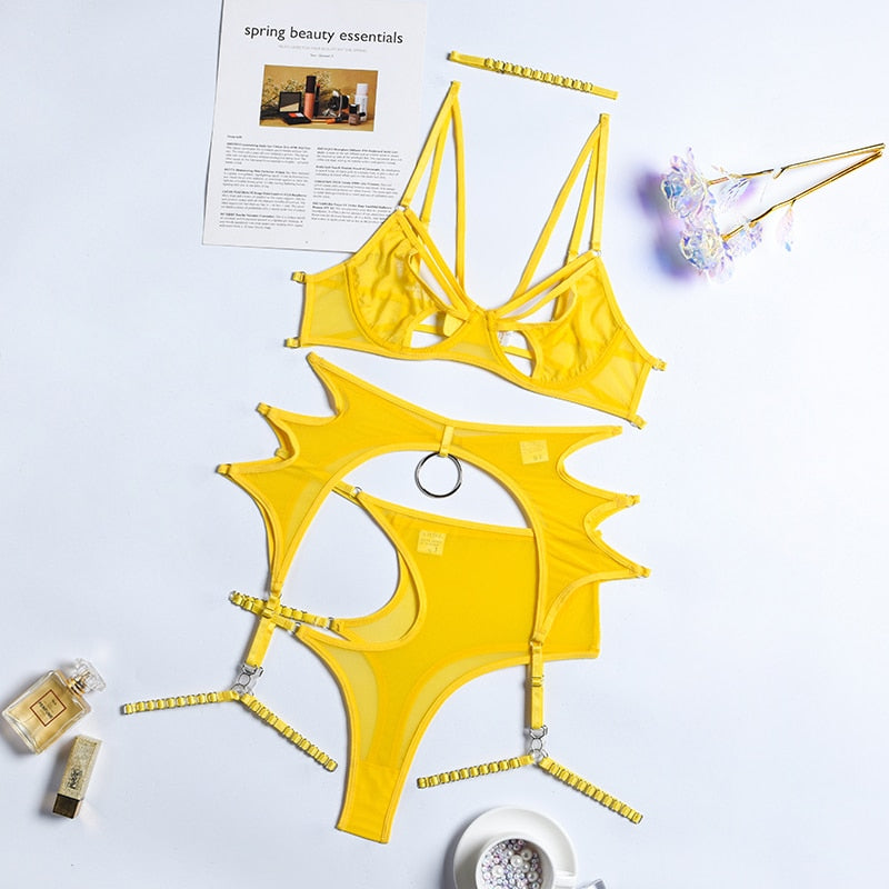 Lingerie érotique ensemble quatre pièces asymétrique luxe La Courbure - GUAPPAA