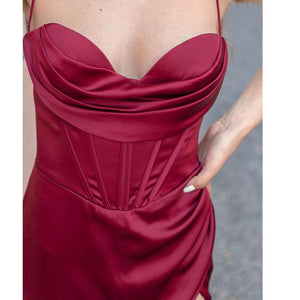 Robe corset plissée longue fendue satinée bretelles spaghetti élégante Elite - GUAPPAA