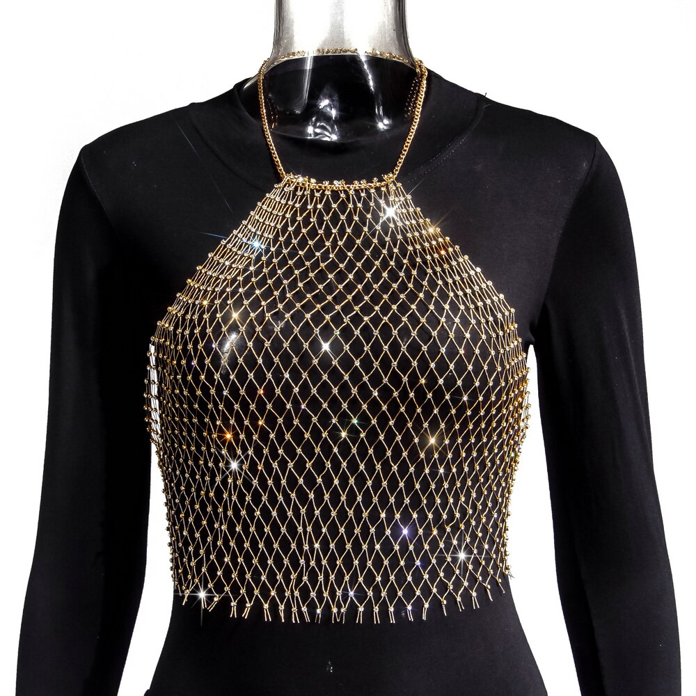 Crop-top résille diamant bijou strass clubwear Hangus - GUAPPAA