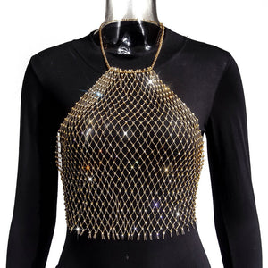 Crop-top résille diamant bijou strass clubwear Hangus - GUAPPAA
