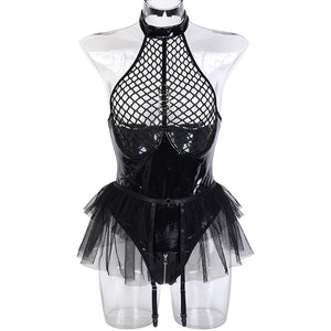 Body string latex seins nus résille à tirette et anneaux jupette frou-frou Hello Paris - GUAPPAA