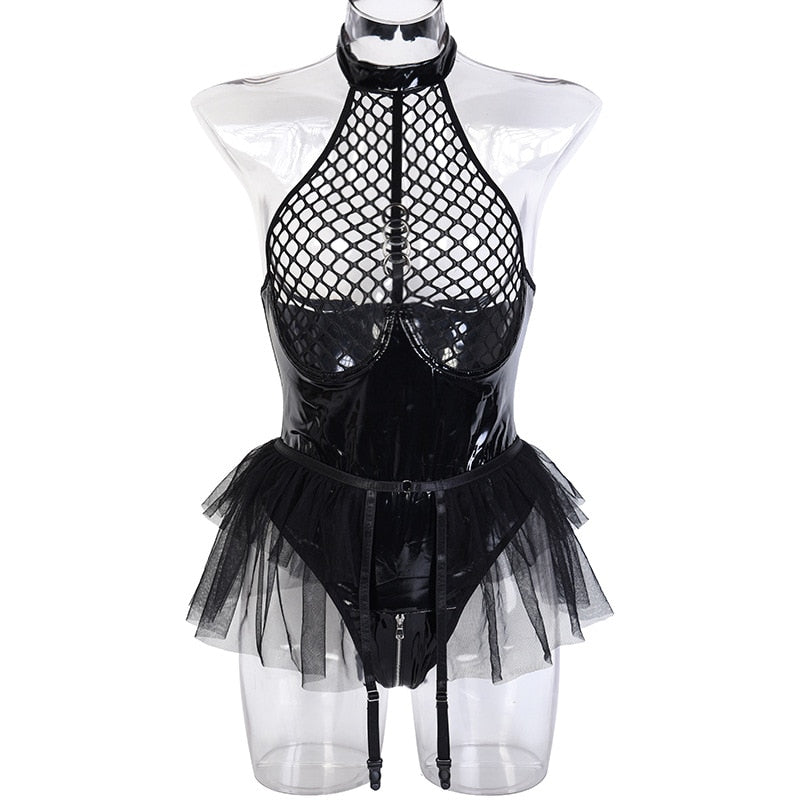 Body string latex seins nus résille à tirette et anneaux jupette frou-frou Hello Paris - GUAPPAA