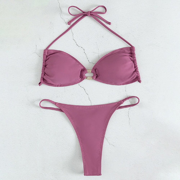 Mini bikini string ficelle deux pièces push-up violet Mousqueton S M L