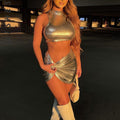 Ensemble sexy deux pièces jupe fendue plissée et crop top argenté tenue Coachella - GUAPPAA