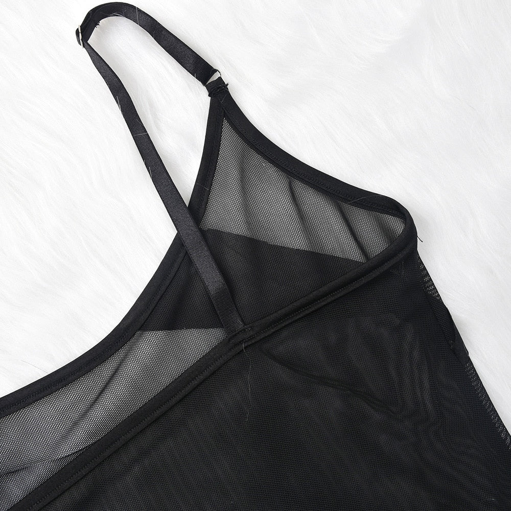 Body string transparent bondage noir à menottes et collier à chaînes La Flamme - GUAPPAA