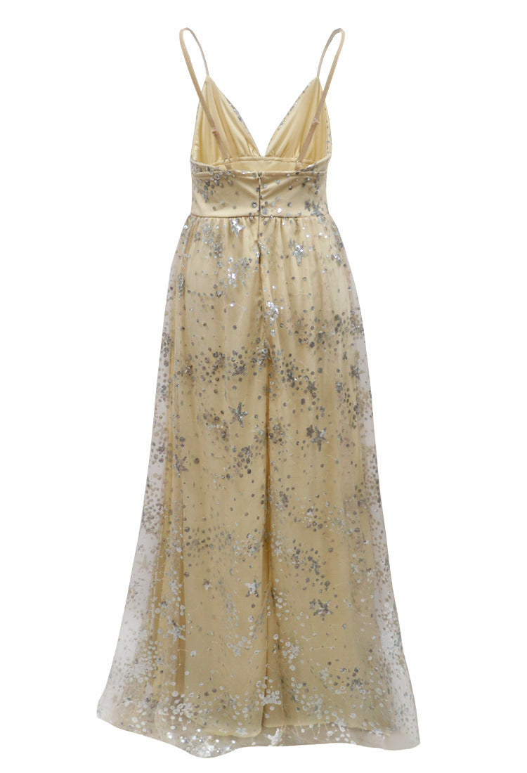 Robe longue fendue dos nu à sequins élégante La Bégude - GUAPPAA