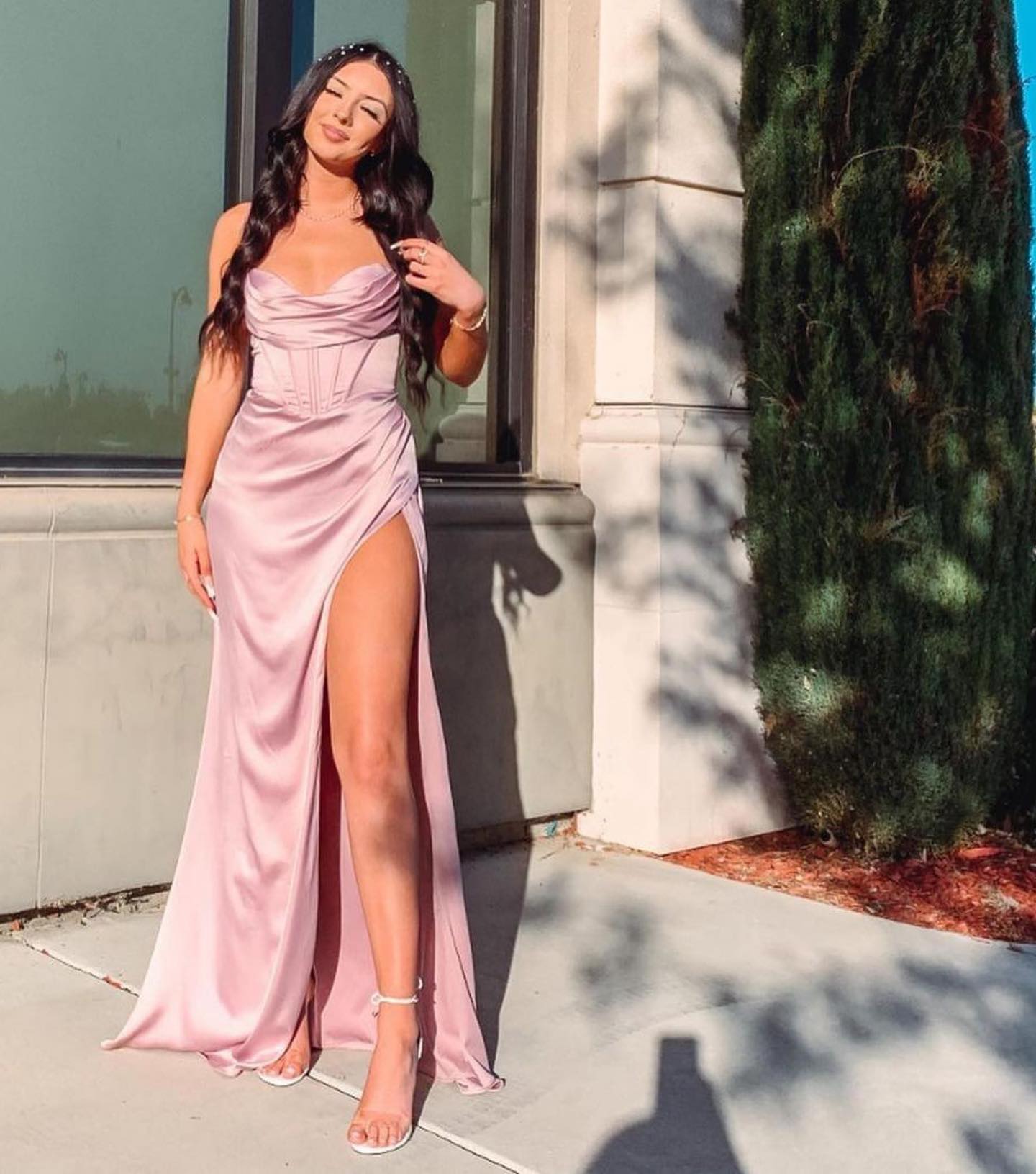 Robe corset plissée longue fendue satinée bretelles spaghetti élégante Elite - GUAPPAA
