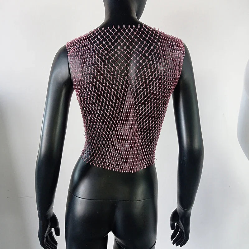 Crop Top résille diamant à strass transparent Lama - GUAPPAA