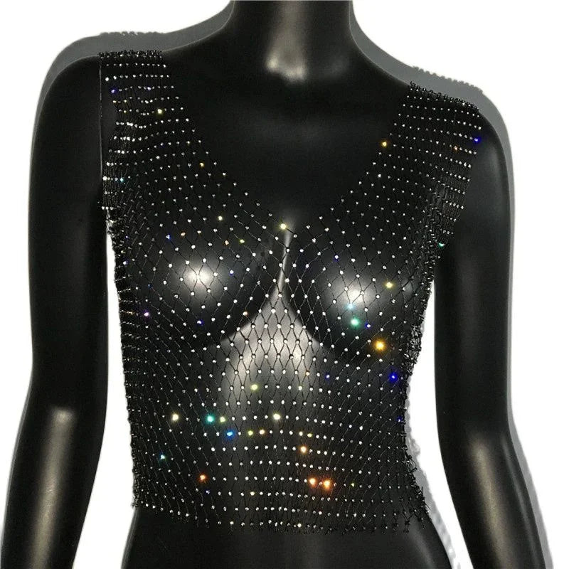 Crop Top résille diamant à strass transparent Lama - GUAPPAA