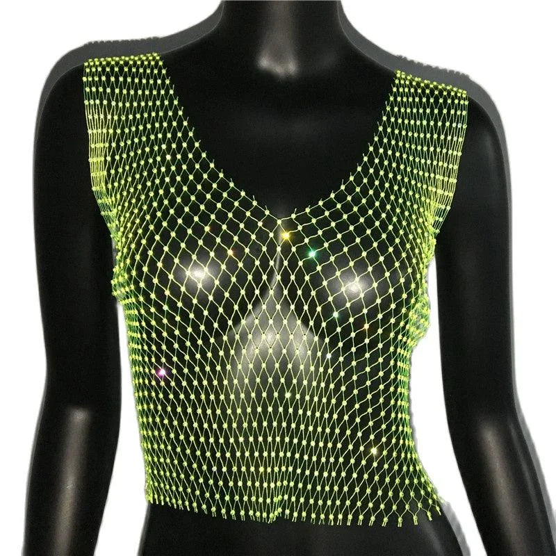 Crop Top résille diamant à strass transparent Lama - GUAPPAA