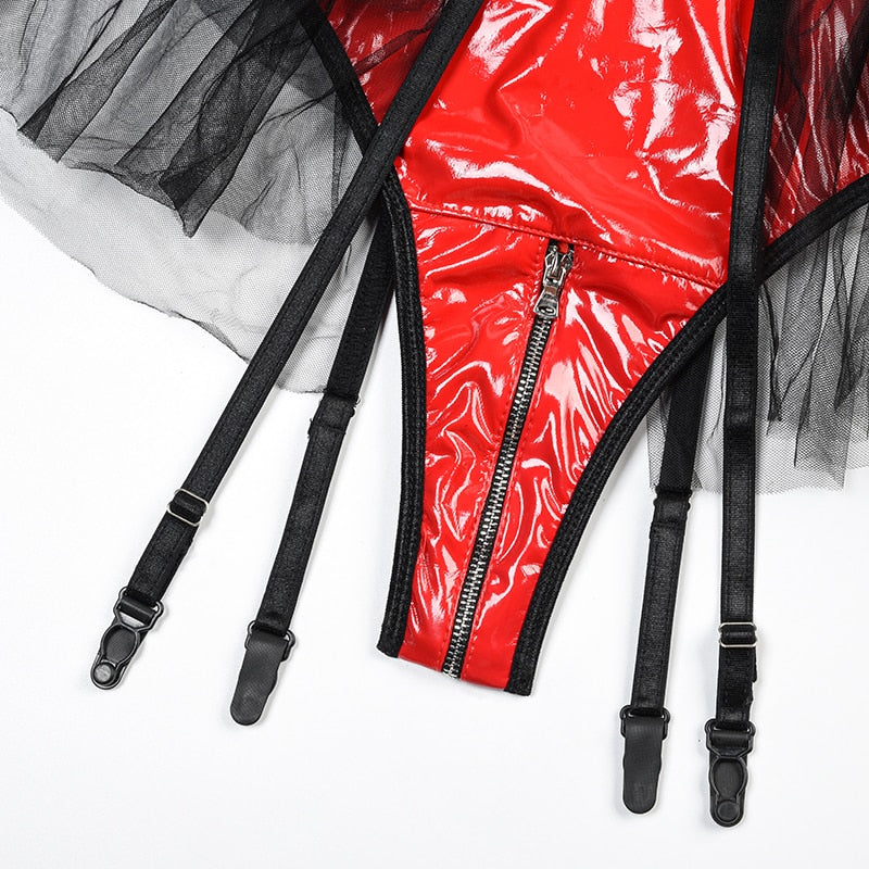 Body string latex seins nus résille à tirette et anneaux jupette frou-frou Hello Paris - GUAPPAA