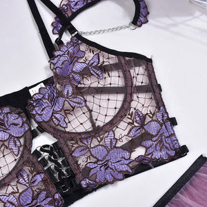 Ensemble lingerie sexy fleuri et frou-frous avec porte-jarretelles Violette - GUAPPAA